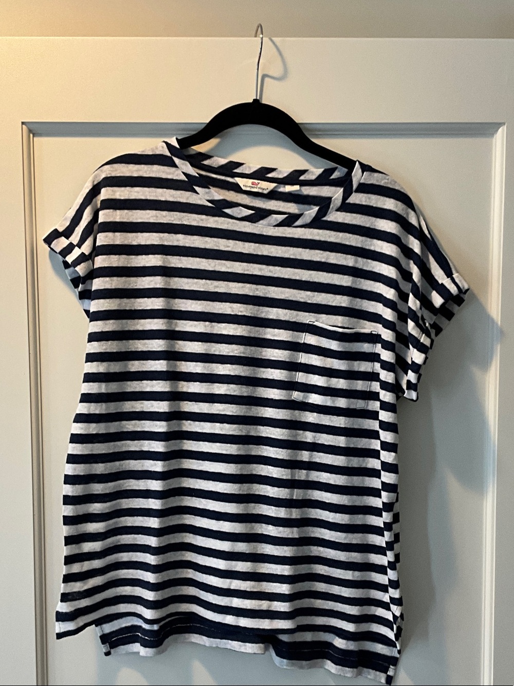 Vineyard Vines Navy & White Striped Tee with Pink Whale Logo